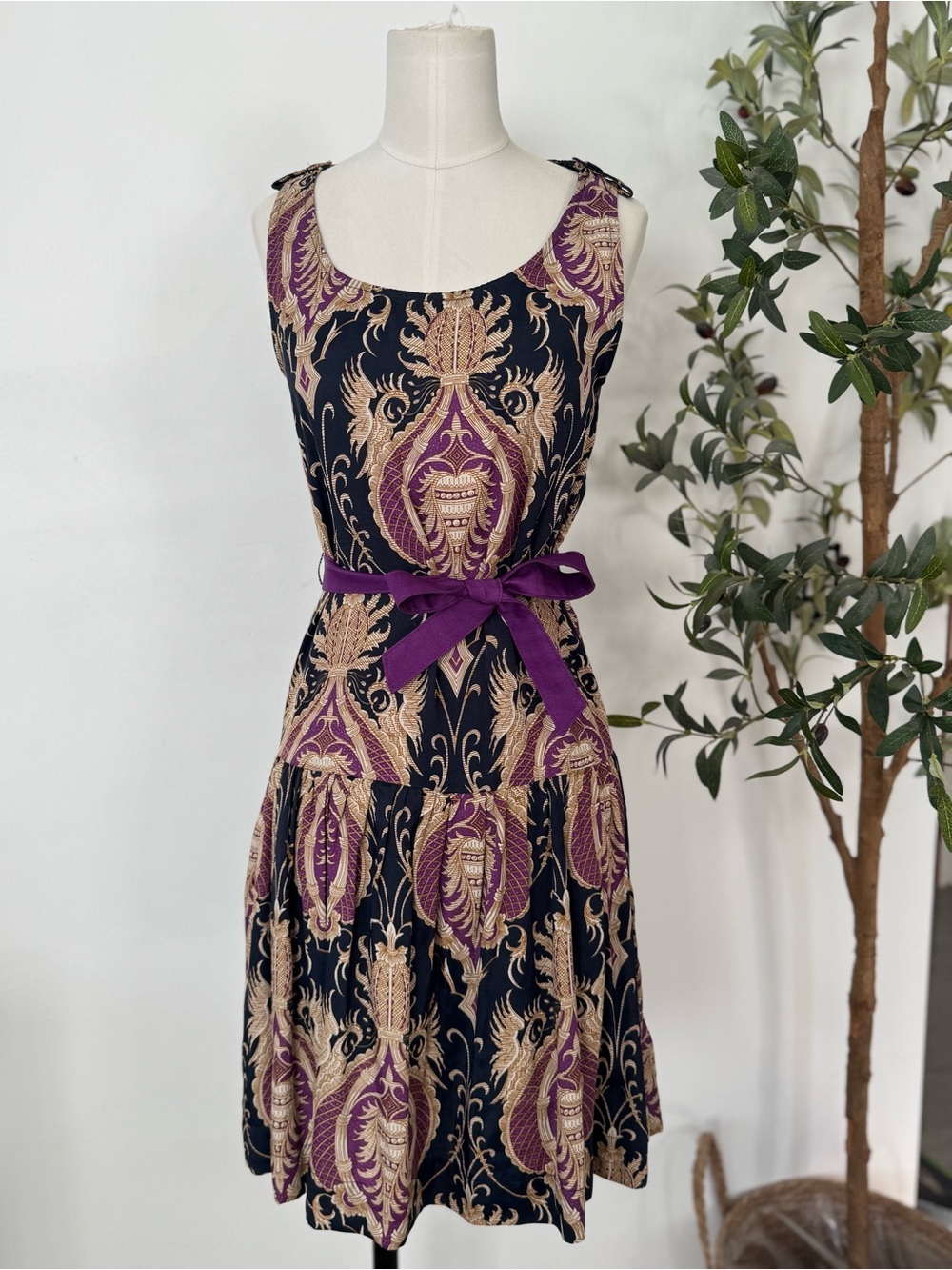 Mango Suit Baroque Print Fit & Flare‎ Dress XS Purple Gold Navy Sleeveless